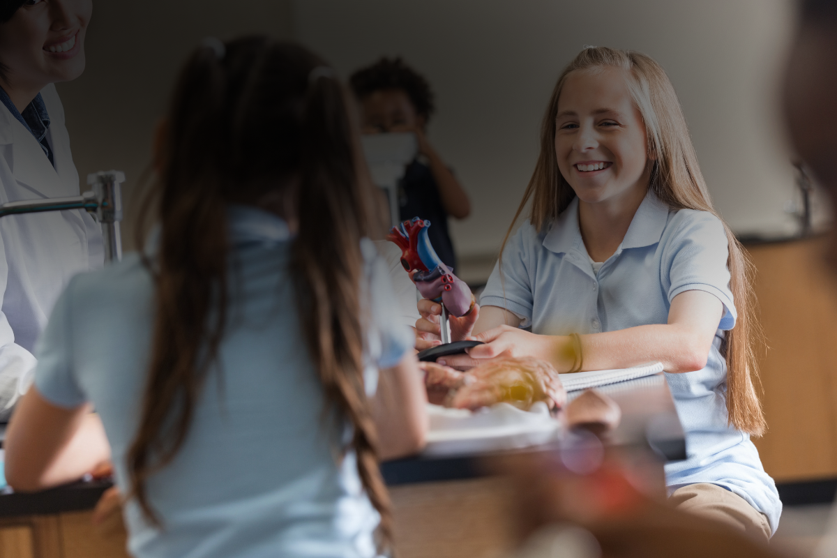 Kinder haben Spaß dabei, den Aufbau eines kleinen Anatomie-Modells zu lernen